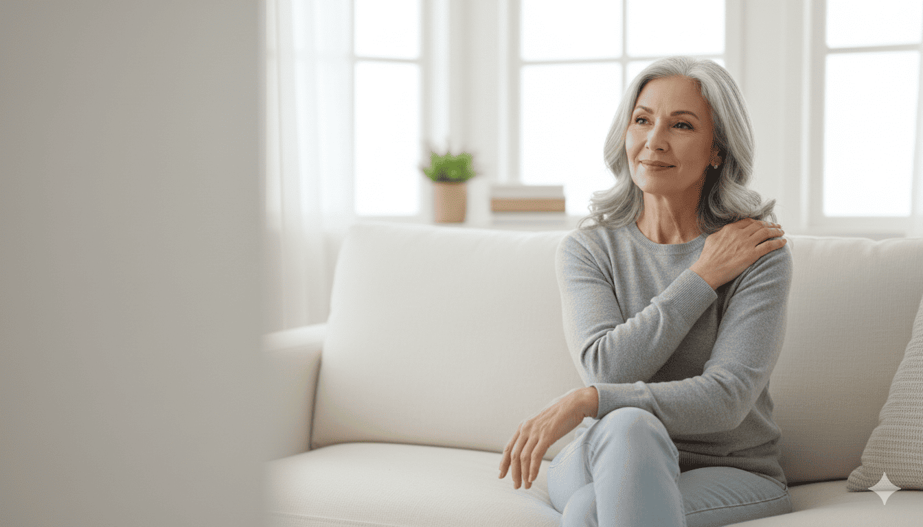 Adult aged 55–70 standing comfortably with relaxed shoulder posture, representing reduced stiffness and improved comfort through frozen shoulder physical therapy