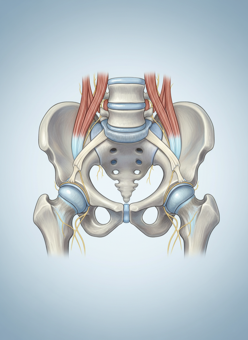 Medical illustration of hip joint anatomy commonly involved in hip pain