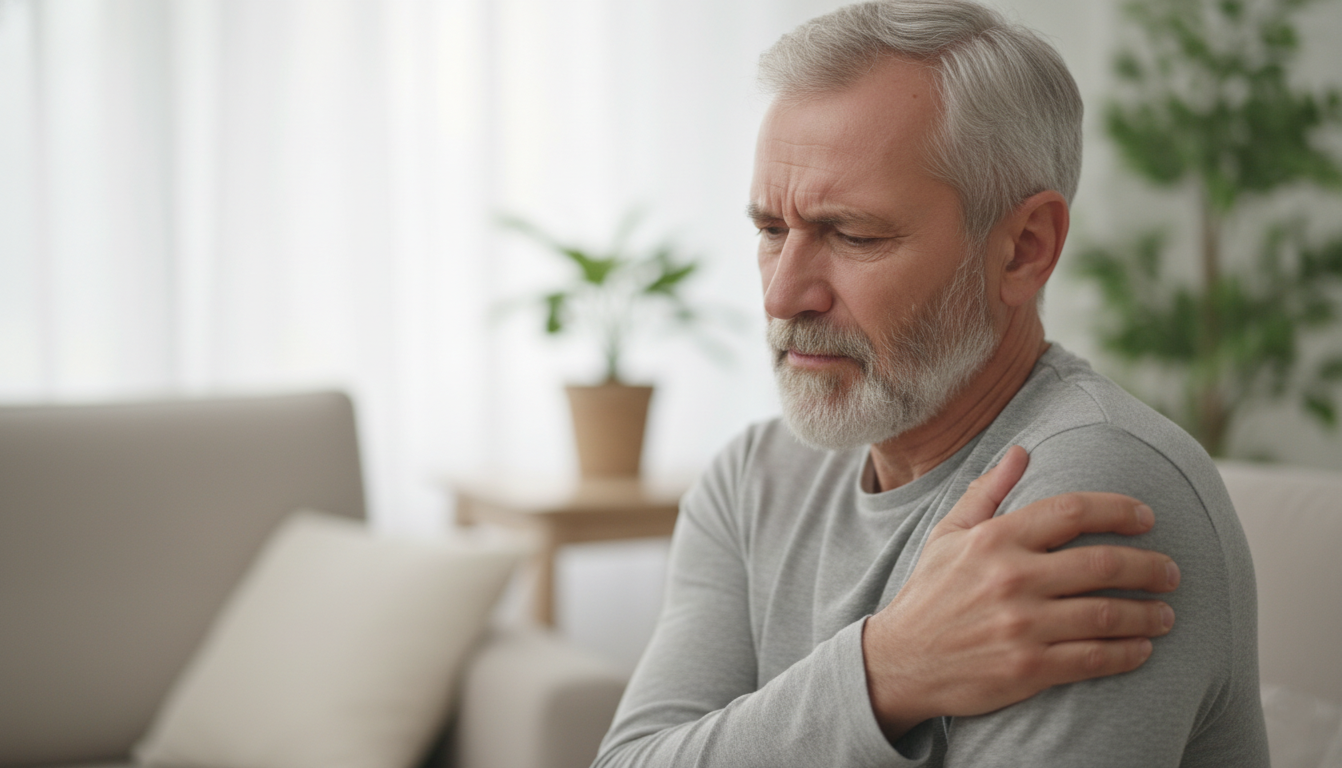 Older adult experiencing shoulder pain from a rotator cuff tear, highlighting the need for rotator cuff tears physical therapy.