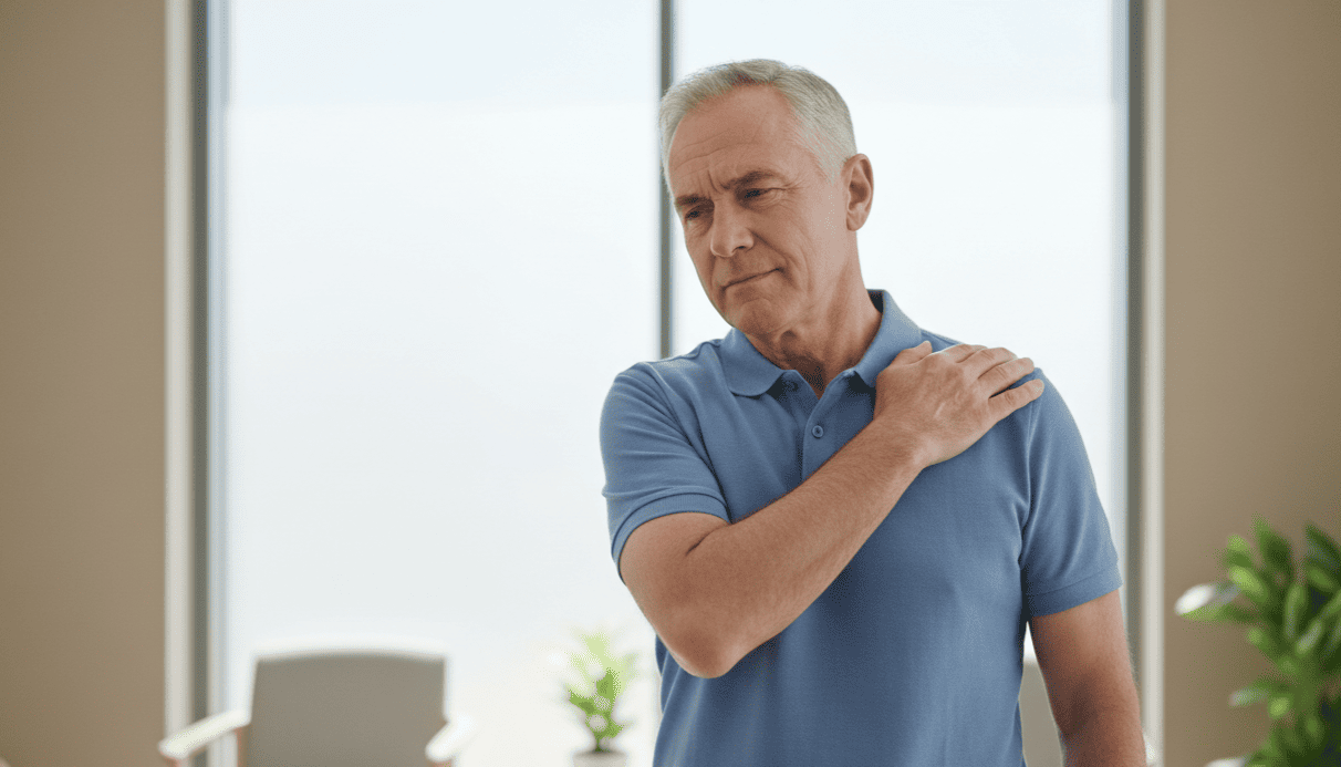 Older adult experiencing shoulder pain, highlighting the need for shoulder pain physical therapy.