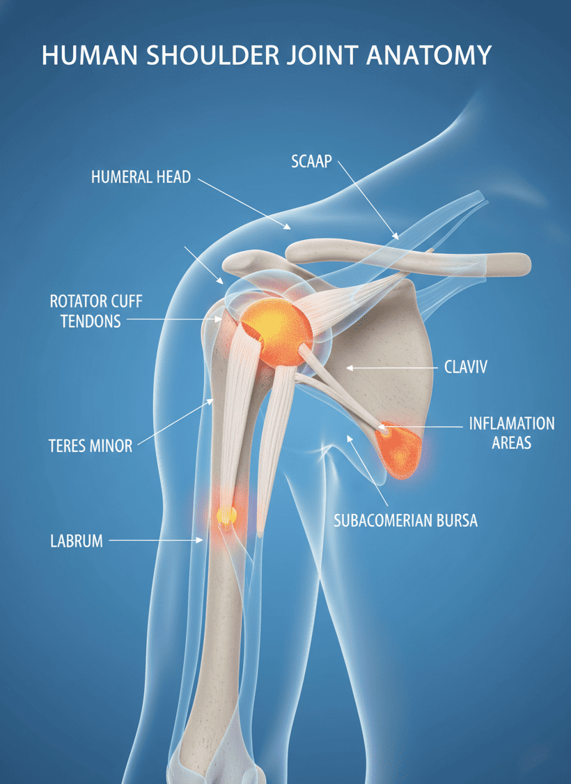 Medical illustration of the shoulder joint highlighting pain and inflammation on a blue background.